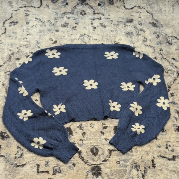 Vernacular Blue Floral Knit Cropped Sweater Women’s Small | Y2K Daisy Pullover - Picture 5 of 5